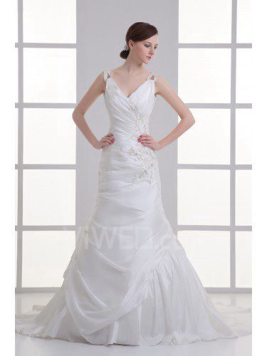 Taffeta V-Neckline Sheath Sweep Train Embroidered Wedding Dress