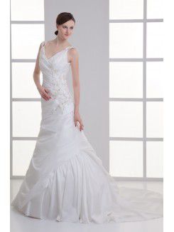 Taffeta V-Neckline Sheath Sweep Train Embroidered Wedding Dress