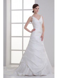 Taffeta V-Neckline Sheath Sweep Train Embroidered Wedding Dress