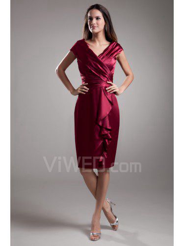 Satin V-Neck Knee Length Sheath Cap Sleeves Cocktail Dress