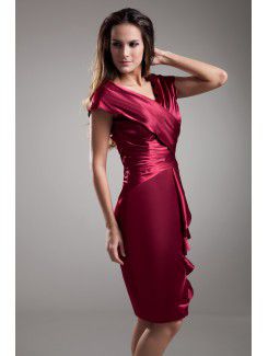 Satin V-Neck Knee Length Sheath Cap Sleeves Cocktail Dress