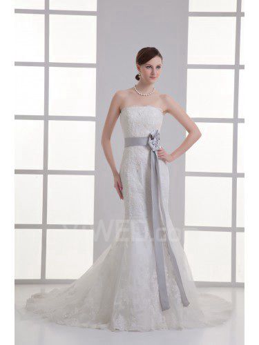 Satin and Net Strapless Sheath Sweep Train Sash Wedding Dress