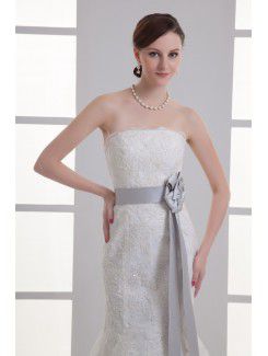 Satin and Net Strapless Sheath Sweep Train Sash Wedding Dress