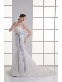 Satin and Net Strapless Sheath Sweep Train Sash Wedding Dress