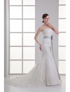 Satin and Net Strapless Sheath Sweep Train Sash Wedding Dress