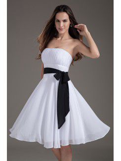 Chiffon Strapless Column White Knee Length Sash Cocktail Dress