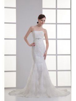 Satin and Net Strapless Sheath Sweep Train Embroidered Wedding Dress