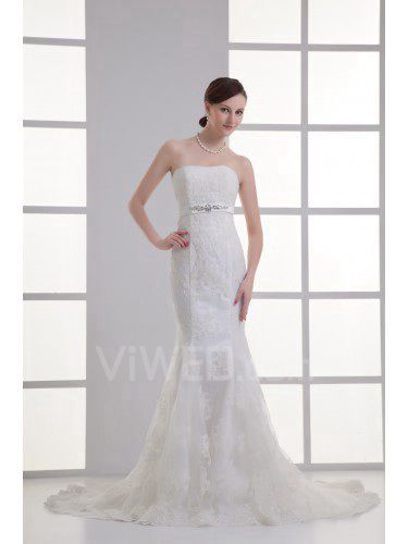 Satin and Net Strapless Sheath Sweep Train Embroidered Wedding Dress