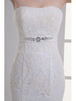 Satin and Net Strapless Sheath Sweep Train Embroidered Wedding Dress