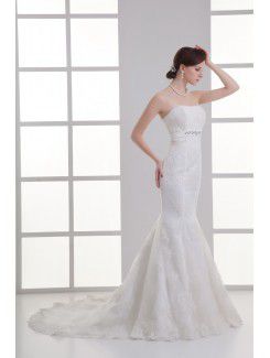 Satin and Net Strapless Sheath Sweep Train Embroidered Wedding Dress