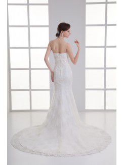 Satin and Net Strapless Sheath Sweep Train Embroidered Wedding Dress