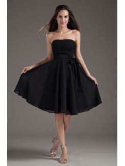 Chiffon stroppeløs korsett svart knelange sash cocktail kjole