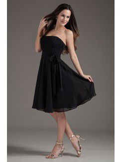 Chiffon Strapless Corset Black Knee Length Sash Cocktail Dress