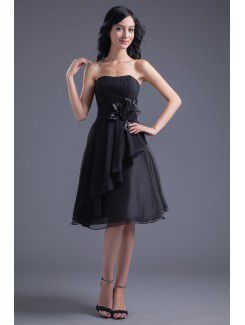 Chiffon Strapless Sheath Knee Length Hand-made Flower Cocktail Dress