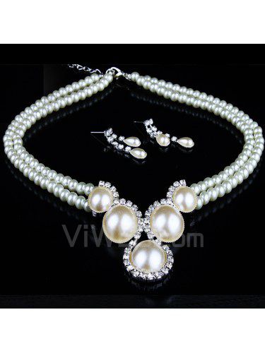 Fashion Rhinestones Wedding Jewelry Set with Pearls Necklace and Earrings