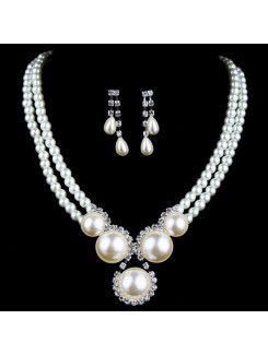 Fashion Rhinestones Wedding Jewelry Set with Pearls Necklace and Earrings