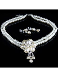 Ensemble de bijoux de mariage de mode, y compris les perles et boucles d'oreilles fleur neckelace avec strass