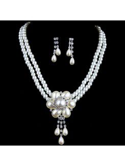 Fashion Wedding Jewelry Set,Including Flower Pearls Neckelace and Earrings with Rhinestones