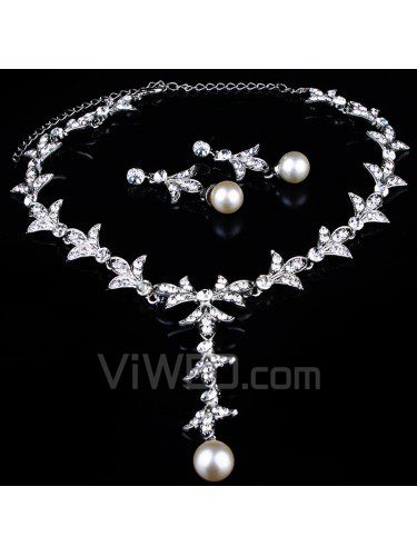 Свадебная мода комплект ювелирных изделий-стразами и жемчугом ожерелье, серьги