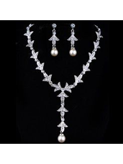 Fashion Wedding Jewelry Set-Rhinestones and Pearls Necklace,Earrings