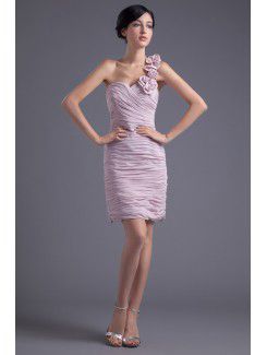 Chiffon One-Shoulder Sheath Short Crisscross Ruched and Hand-made Flowers Cocktail Dress