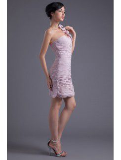 Chiffon One-Shoulder Sheath Short Crisscross Ruched and Hand-made Flowers Cocktail Dress