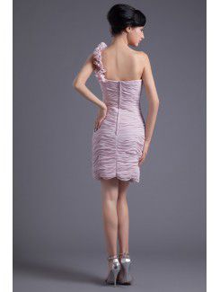 Chiffon One-Shoulder Sheath Short Crisscross Ruched and Hand-made Flowers Cocktail Dress