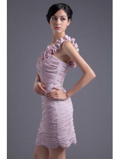 Chiffon One-Shoulder Sheath Short Crisscross Ruched and Hand-made Flowers Cocktail Dress