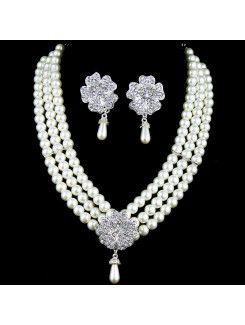 Rhinestones Flower and Pearls Wedding Jewelry Set,Including Earrings and Necklace