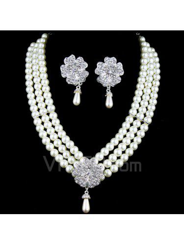 Rhinestones Flower and Pearls Wedding Jewelry Set,Including Earrings and Necklace