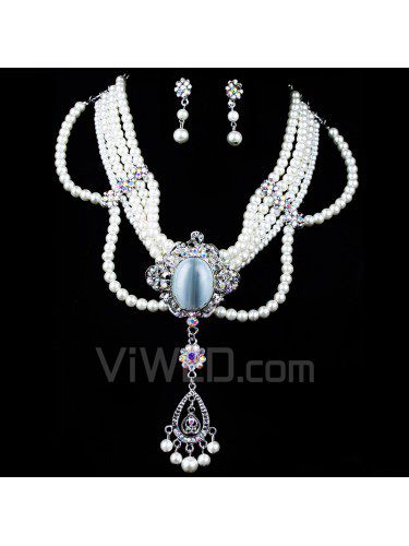 Rhinestones Wedding Jewelry Set with Shining Pearls and Rhinestones Earrings,Necklace