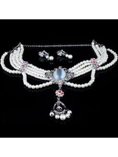 Rhinestones Wedding Jewelry Set with Shining Pearls and Rhinestones Earrings,Necklace