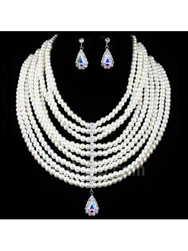 Gorgeous Wedding Jewelry Set-Pearls Necklace and Rhinestones Earrings