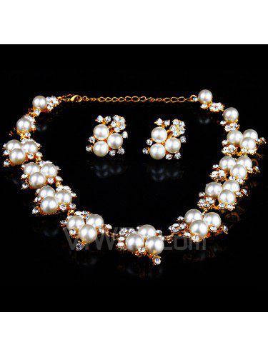Magnífico conjunto joyería de la boda , pedrería y perlas con aleación plateó los pendientes y el collar
