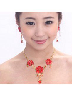 Red Zircons and Rhinestones with Alloy Wedding Jewelry Set, Including Earrings and Necklace