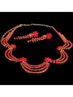 Czerwone cyrkonie kwiaty i ślub zestaw biżuterii , w tym stop naszyjnik i kolczyki