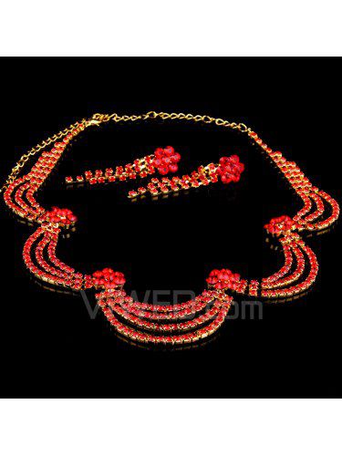 Red Rhinestones Flowers and Alloy Wedding Jewelry Set,Including Necklace and Earrings