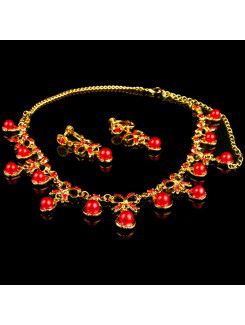 Red Rhinestones and Gold Alloy Wedding Jewelry Set,Including Necklace and Earrings