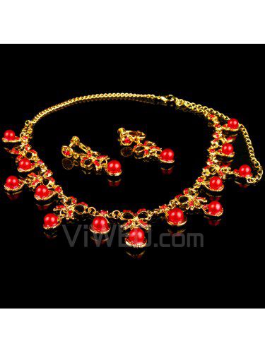 Red Rhinestones and Gold Alloy Wedding Jewelry Set,Including Necklace and Earrings