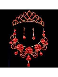 Rode parels en strass bruiloft sieraden set met ketting, oorbellen en tiara