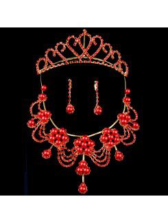 Red Pearls and Rhinestones Wedding Jewelry Set with Necklace,Earrings and Tiara