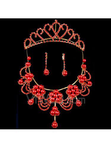 Røde perler og strass bryllup smykker sett med halskjede, øredobber og tiara