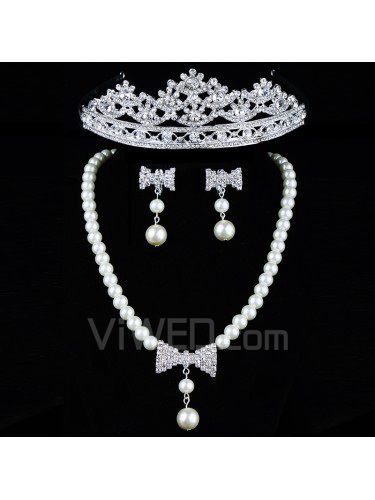 Gorgeous Rhinestones and Pearls with Alloy Plated Wedding Jewelry Set,Including Earrings,Necklace and Tiara