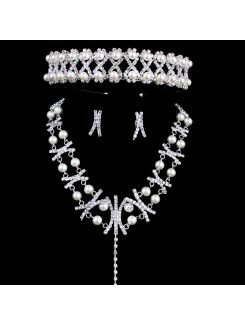 New Style Pearls and Rhinestones Wedding Jewelry Set,Including Necklace,Earrings and Tiara