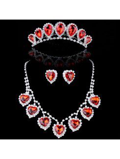 Circones sweetheart rojas y diamantes de imitación de la joyería de la boda , incluyendo aretes , collar y tiara