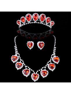 Red Sweetheart Zircons and Rhinestones Wedding Jewelry Set,Including Earrings,Necklace and Tiara