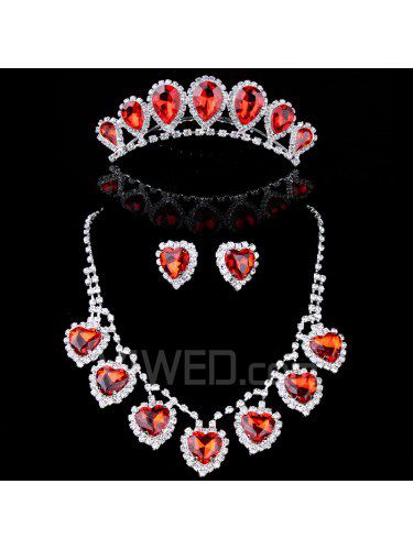 Red Sweetheart Zircons and Rhinestones Wedding Jewelry Set,Including Earrings,Necklace and Tiara