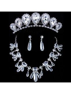 Beauitful rhinestones og zircons med glas bryllup smykker sæt , herunder øreringe , halskæde og tiara