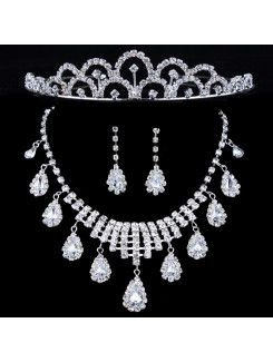 Fashion Alloy and Rhinestones Wedding Jewelry Set with Earring,Necklace and Tiara