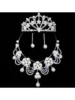 Alloy with Rhinestones and Pearls Wedding Jewelry Set,Including Earrings,Necklace and Tiara